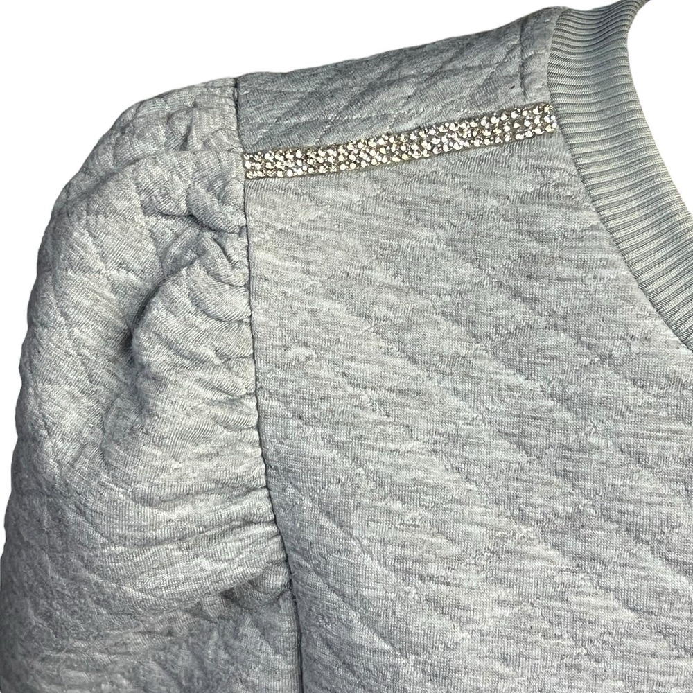 Retrology Pullover‎ Sweater Top S Grey Quilted Rhinestone Puff Sleeve Cozy Glam - Picture 3 of 8